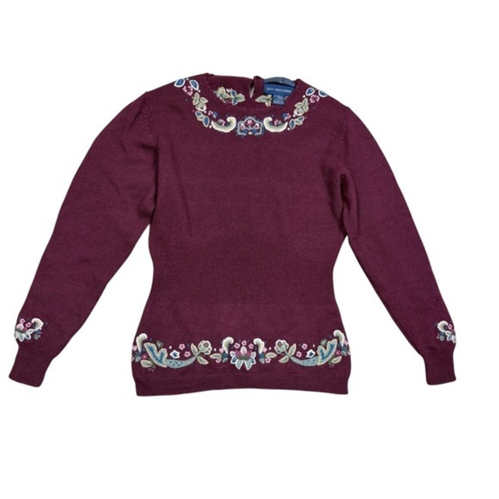 Herman Geist Vintage Lambswool Hand Embroidered Floral Sweater Burgundy Womens M